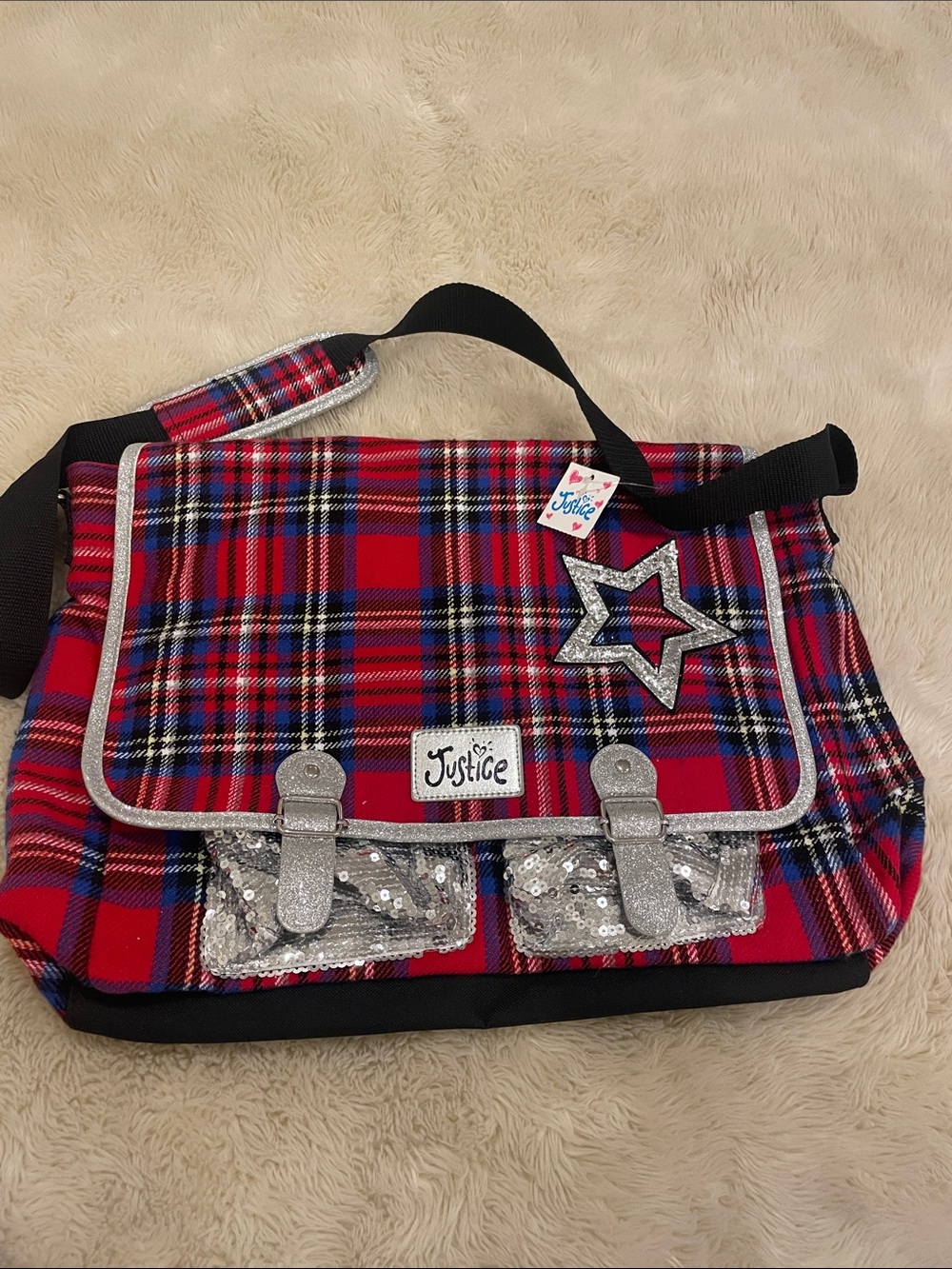Justice Red Plaid Messenger Bag with Silver Glitter Accents